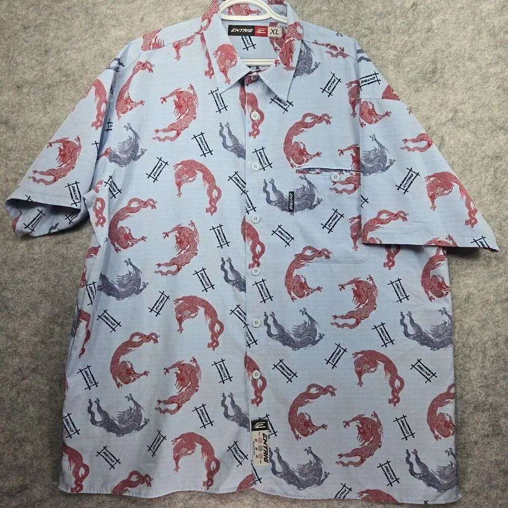 Vintage ENTRIG Dragons Asian Short Sleeve Button Front Casual Shirt Men's XL Y2K